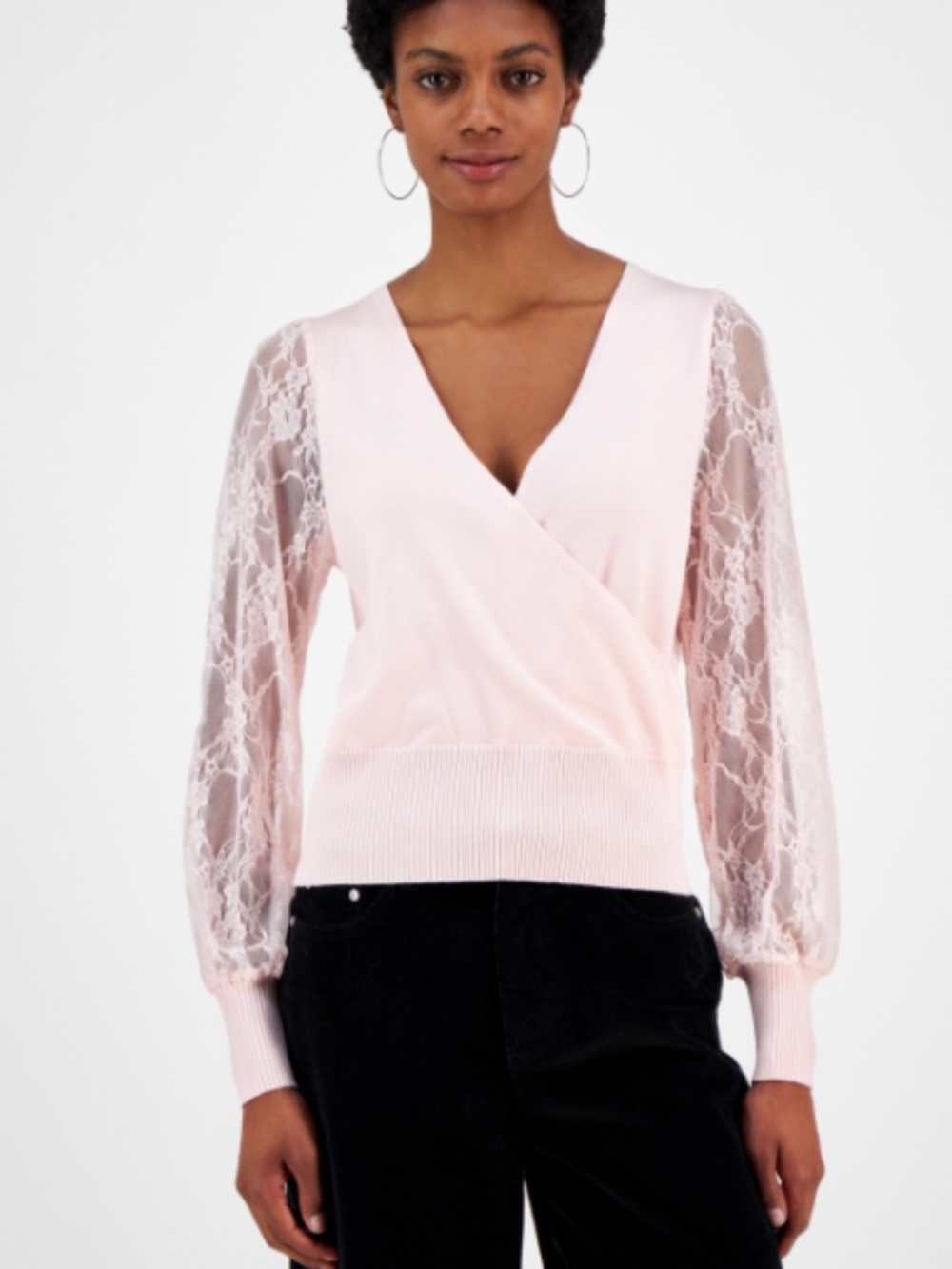 Madden Girl Juniors' Surplice-Neck Lace-Sleeve Sweater - Icy Pink Size S NWT